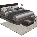 Modern Double Bed with Brown Headboard Gray Bedding Nightstands and Stool 3d model