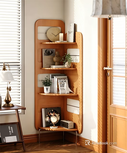 Decorative Ornament And Figurine Collection On Wooden Shelves With Clock Books And Potted Plant 3d model 