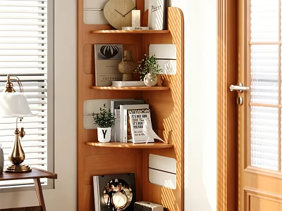 Decorative Ornament And Figurine Collection On Wooden Shelves With Clock Books And Potted Plant 3d model