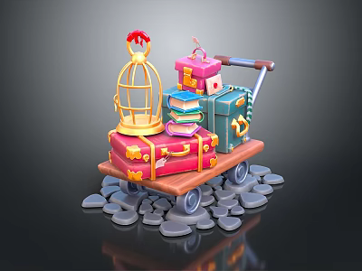 Colorful Assorted Vintage Luggage Stacked With Decorative Birdcage On Stone Path Trolley 3d model