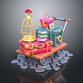 Colorful Assorted Vintage Luggage Stacked With Decorative Birdcage On Stone Path Trolley