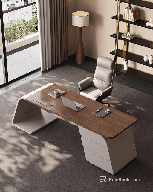 Modern Study Room Interior With Wooden Desk Laptop Gray Leather Chair And Natural Light 3d model 