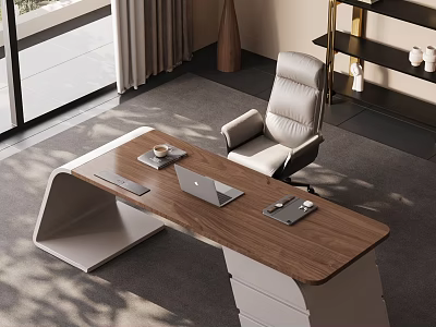 Modern Study Room Interior With Wooden Desk Laptop Gray Leather Chair And Natural Light 3d model