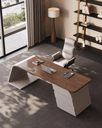 Modern Study Room Interior With Wooden Desk Laptop Gray Leather Chair And Natural Light 3d model