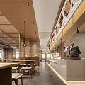 Modern Restaurant Interior With Wooden Ceiling Pendant Lights And Large Windows Tables Stools