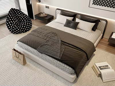 Double Bed in Modern Bedroom with Dark Bedding Gray Throw and Polka Dot Accent Chair 3d model