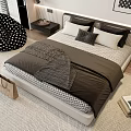 Double Bed in Modern Bedroom with Dark Bedding Gray Throw and Polka Dot Accent Chair