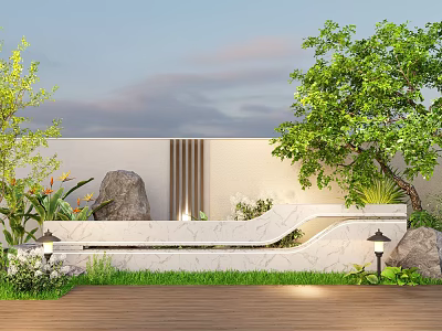 Modern Garden Landscape With White Wall Vertical Stripes Green Plants Stones Lawn And Wooden Deck 3d model