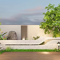 Modern Garden Landscape With White Wall Vertical Stripes Green Plants Stones Lawn And Wooden Deck