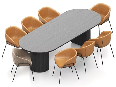 Oval Gray Tabletop Dining Table Set With Black Base Orange Chairs And One Gray Chair 3d model