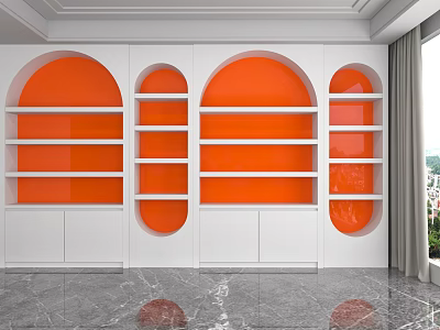 Modern White And Orange Arched Rectangular Display Shelves In Interior With Marble Floor 3d model