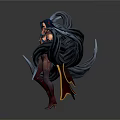 3D Fantasy Female Character With Dynamic Long Black Hair And Blue Brown Outfit