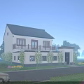 Two Story Detached Villa With White Exterior Gray Roof And Wooden Balcony