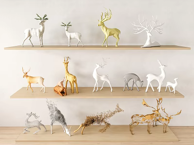 Silhouette Deer Figurines Arranged On Wooden Shelves With Gold Silver White Styles 3d model