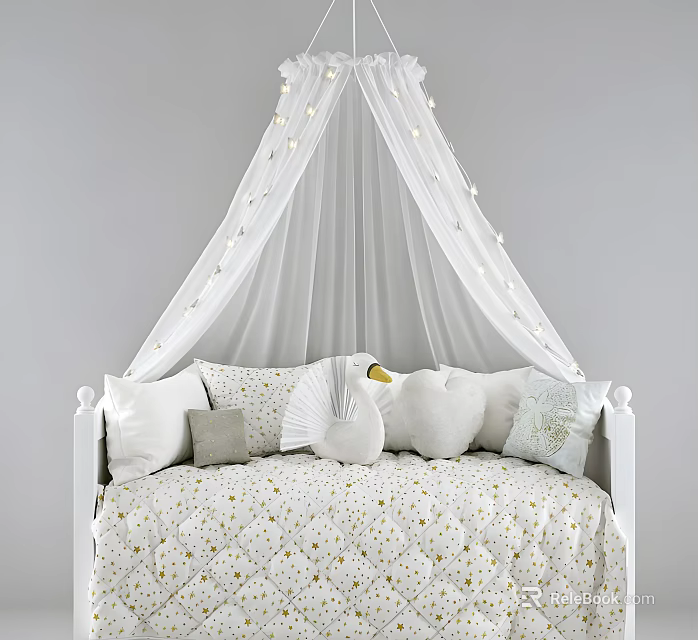 White Kids Bed With Canopy String Lights Gold Star Pattern And Swan Decor Pillows 3d model