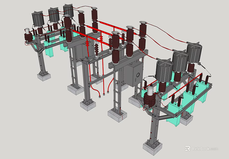 Industrial Electrical Equipment With Red Connecting Wires And Green Base Structures 3d model 