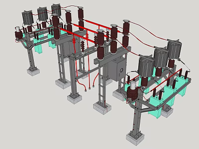 Industrial Electrical Equipment With Red Connecting Wires And Green Base Structures 3d model