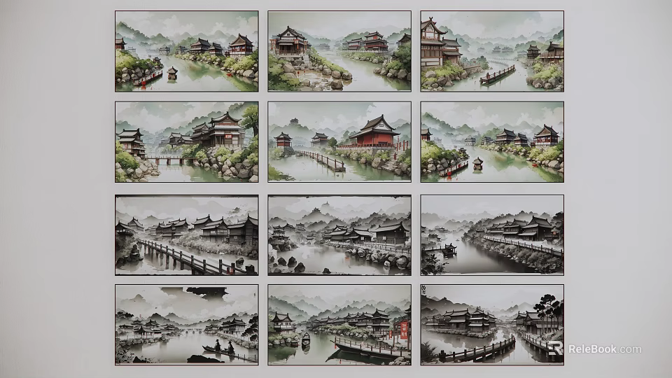 Chinese Landscape Paintings Featuring Ancient Architecture Rivers Bridges And Mountains 3d model 
