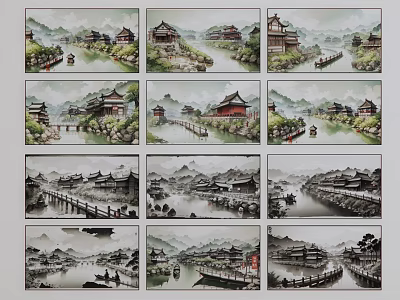 Chinese Landscape Paintings Featuring Ancient Architecture Rivers Bridges And Mountains 3d model