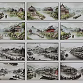 Chinese Landscape Paintings Featuring Ancient Architecture Rivers Bridges And Mountains