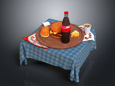 Hamburger And Sandwich With Coca-Cola Coffee On Wooden Tray Plaid Tablecloth 3d model