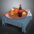 Hamburger And Sandwich With Coca-Cola Coffee On Wooden Tray Plaid Tablecloth