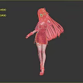 Game Movie Female Character With Pink Long Hair In Red Dress And High Heels Pose