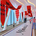 Red Lanterns and Character Banners as Hanging Decorations in Corridor with White Columns and People