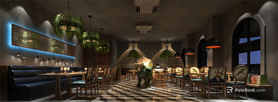 Industrial Restaurant Interior Design With Hanging Green Plants Pendant Lights And Geometric Floor Tiles 3d model 