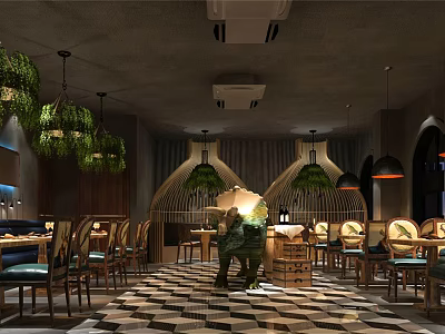 Industrial Restaurant Interior Design With Hanging Green Plants Pendant Lights And Geometric Floor Tiles 3d model