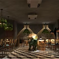 Industrial Restaurant Interior Design With Hanging Green Plants Pendant Lights And Geometric Floor Tiles