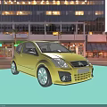 Yellow Citroen Hatchback Parked On City Street With Modern Tall Buildings And Neon Lights