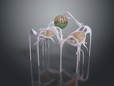 Artistic Sculpture Design With White Curved Structures And Green Gold Hollow Sphere 3d model