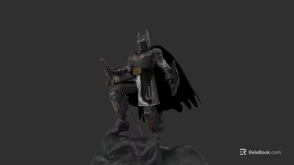 Batman Medieval Knight Sitting Statue With Armor Cape Sword And Rock Base 3d model 