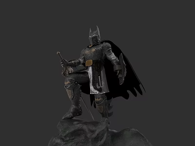 Batman Medieval Knight Sitting Statue With Armor Cape Sword And Rock Base 3d model