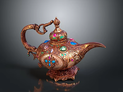 Ornate Copper Genie Lamp With Colorful Gemstones And Intricate Carvings 3d model
