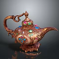 Ornate Copper Genie Lamp With Colorful Gemstones And Intricate Carvings