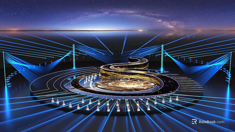Spiral Stage Design With Blue Illuminated Lights Starry Sky And Modern Layout 3d model 