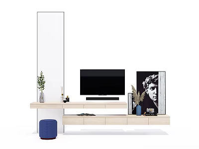 Modern Light Wood TV Stand In Living Room With TV Decorative Plants And Painting 3d model