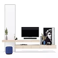 Modern Light Wood TV Stand In Living Room With TV Decorative Plants And Painting