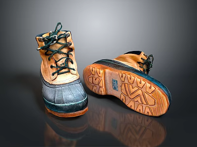 Brown And Navy Outdoor Boots With Dark Laces And Textured Orange Brown Soles 3d model