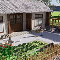 Rural Landscape Featuring Traditional House Gray Tile Roof Bamboo Fence Purple Flowers And Stone Mill
