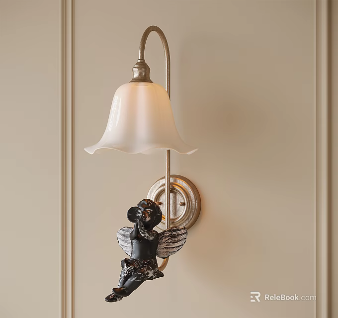 Classic Wall Lamp With Metal Bracket White Glass Shade And Angel Statue Decor 3d model 