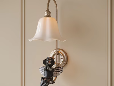 Classic Wall Lamp With Metal Bracket White Glass Shade And Angel Statue Decor 3d model