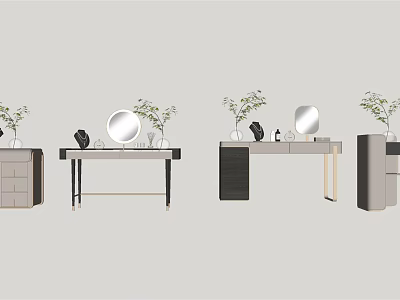 Modern Dressing Table Design With Round Mirror Drawers And Decorative Plants 3d model
