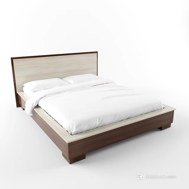 Modern Double Bed With Light Dark Wood Headboard And White Bedding 3d model 