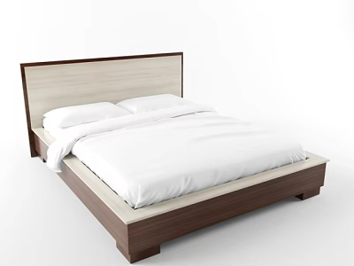 Modern Double Bed With Light Dark Wood Headboard And White Bedding 3d model