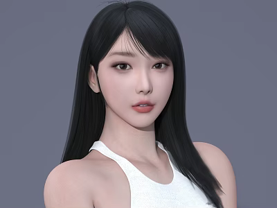 Woman With Long Black Hair Wearing White Tank Top Against Gray Background 3d model