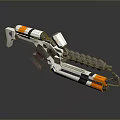 Sci Fi Futuristic Mechanical Weapon With White Orange Black Design Barrel And Gear Details