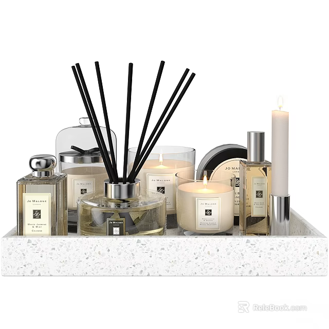 Elegant Decorative Ornament Set Featuring Reed Diffusers Candles And Fragrance Bottles On Textured Tray 3d model 